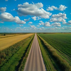 Fototapeta premium Aerial view of rural road through agricultural fields with blue sky.