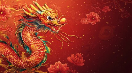 Magnificent Chinese Dragon amidst Red Blossoms
