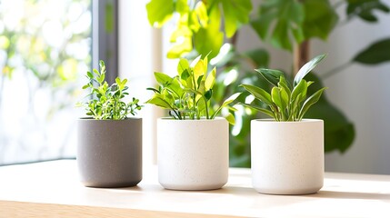 Fototapeta premium Three potted plants on a windowsill bathed in sunlight.