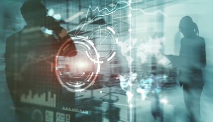 Business intelligence control interface marketing finance management. Silhouettes in the background