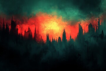 Dark City Skyline at Fiery Sunset