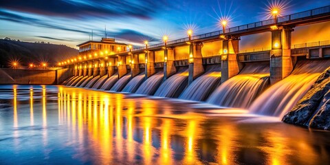 Stunning Night Photography of an Illuminated Hydroelectric Dam at Dusk with Cascading Water and Warm Lights Reflecting on the River Below