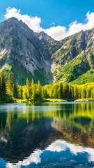Mountain landscape with lake reflecting the surrounding peaks