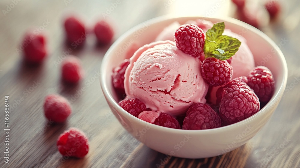 Poster raspberry ice cream with fresh raspberries and mint leaves in a bowl