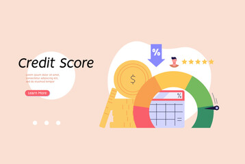 Person checking and improving a credit score report. Gauge scale rating. Concept of credit banking, loan rating, mortgage approval, payment history. Clients improve credit score. Vector illustration