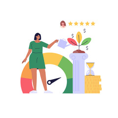 Person checking and improving a credit score report. Gauge scale rating. Concept of credit banking, loan rating, mortgage approval, payment history. Clients improve credit score. Vector illustration