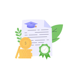 Taking grant money. Form of financial aid. Student pay education loan. Concept of grant certificate, university and college fee, study fund, scholarship money. Vector illustration