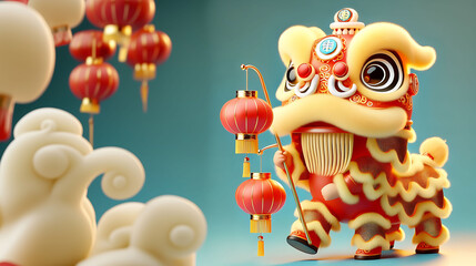 Naklejka premium Cute lion dance, 3d Chinese traditional lion dance performance, New Year 3d illustration, New Year, 2025 Year of the snake, Lunar New Year, New Year's Eve, New Year's Day2025年 正月 巳年