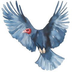 Watercolor painting of a majestic black vulture in flight, showcasing its powerful wings and intense gaze.