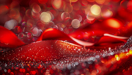 Red and silver glitter background with shiny abstract wave lines, a shiny red ribbon in the foreground