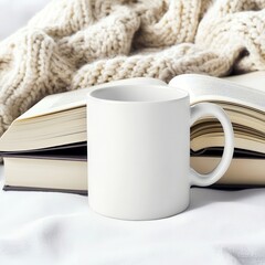A cozy scene featuring a blank white mug beside an open book and knit blanket.