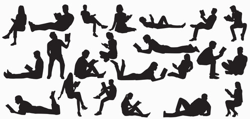 Silhouettes of people reading books, novel and magazine  standing, sitting and lying vector illustration