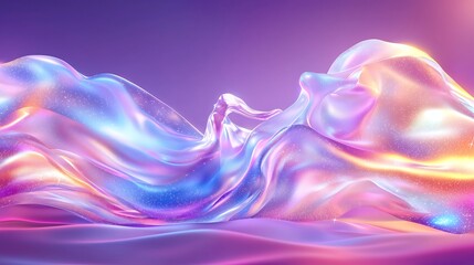 Abstract iridescent liquid swirls with vibrant colors and glowing particles.