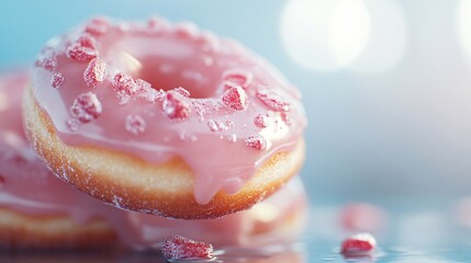 Delicious pink donuts with strawberry sprinkles dripping icing on blurred background