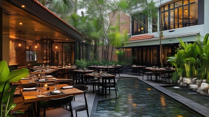 Tranquil Outdoor Restaurant Patio With Water Feature