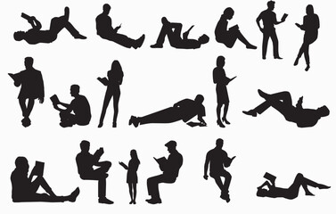 silhouette of people reading books. Sitting, lying and standing with books. 