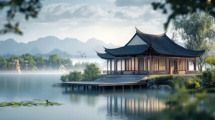 Obraz premium A typical beautiful Chinese house in a beautiful landscape in the background, illustration. Asian architecture