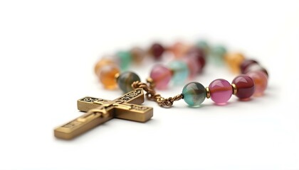 a rosary made of colorful glass beads with a gold crucifix, isolated on a clean white background create with ai