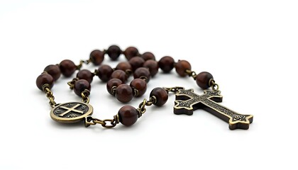a vintage rosary with ornate metalwork and dark wooden beads, isolated against a stark white background create with ai