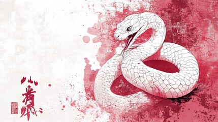 Obraz premium Auspicious White Snake: Sumi-e Style New Year's Card for the Year of the Snake
