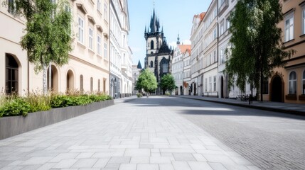 Fototapeta premium A serene street view featuring historical architecture and a church.