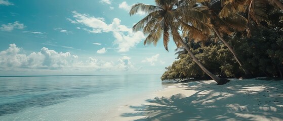 Idyllic tropical beach in the Maldives with pristine white sand, turquoise waters, and palm trees under clear sunny skies for a relaxing island getaway