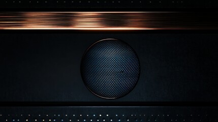 Fototapeta premium A black background with a textured round mesh in the center, slightly illuminated in a dark steel blue. Above and below, metallic stripes in brushed copper bronze bring a warm .