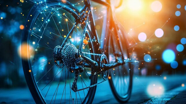 Modern bicycle with network connection overlay representing sharing economy and cycling infrastructure - Powered by Adobe