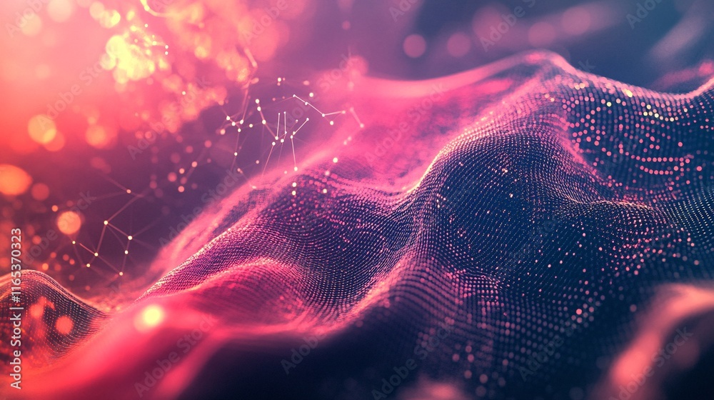 Poster Abstract pink and purple digital landscape with flowing particles and plexus effect