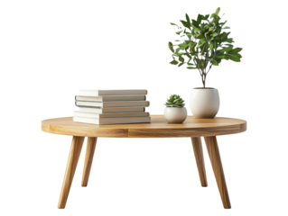 Minimalist Coffee Table with Books and Plant on Transparent Background