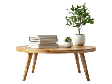 Minimalist Coffee Table with Books and Plant on Transparent Background