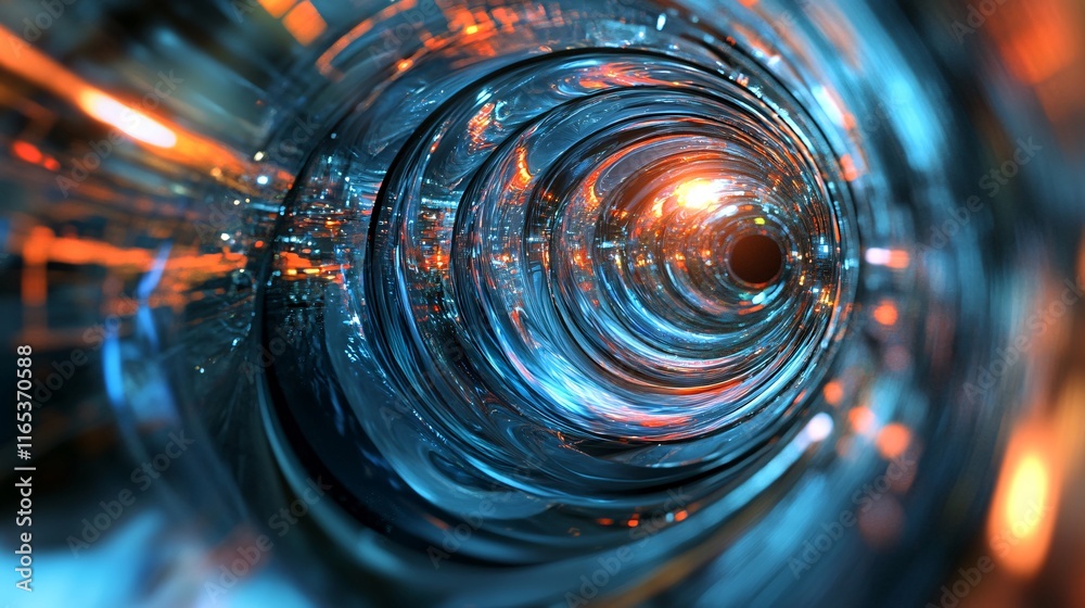 Poster glass tunnel rotating with orange and blue lights creating an abstract background