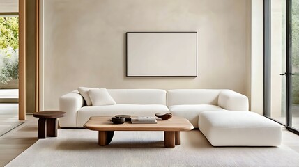 A Minimalist living room. A minimalist living room featuring a white sectional sofa, wooden coffee table, and neutral tones, creating a serene, modern ambiance.