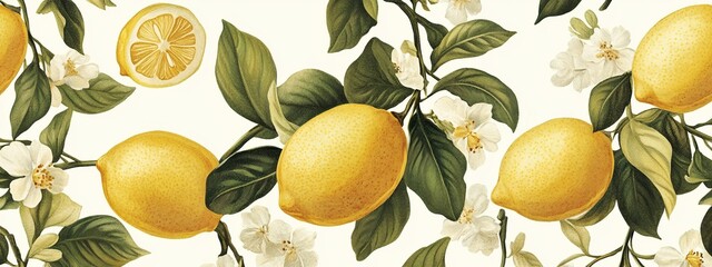 Obraz premium Elegant seamless pattern featuring ripe yellow lemons and green leaves isolated on a white background