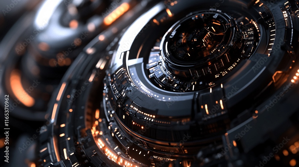 Aufkleber complex circular mechanism with orange lights is spinning and glowing