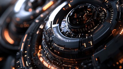 Fototapeta premium Complex circular mechanism with orange lights is spinning and glowing