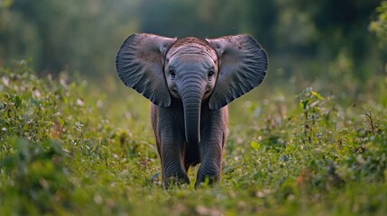 First steps of a playful baby elephant amidst vibrant green wilderness in the heart of nature