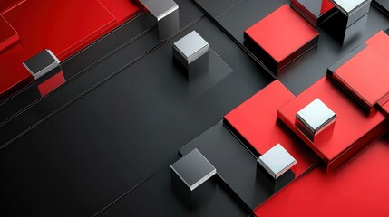 A refined 3D red and black abstract background with metallic silver square decorations floating on a sleek, dark gradient surface.