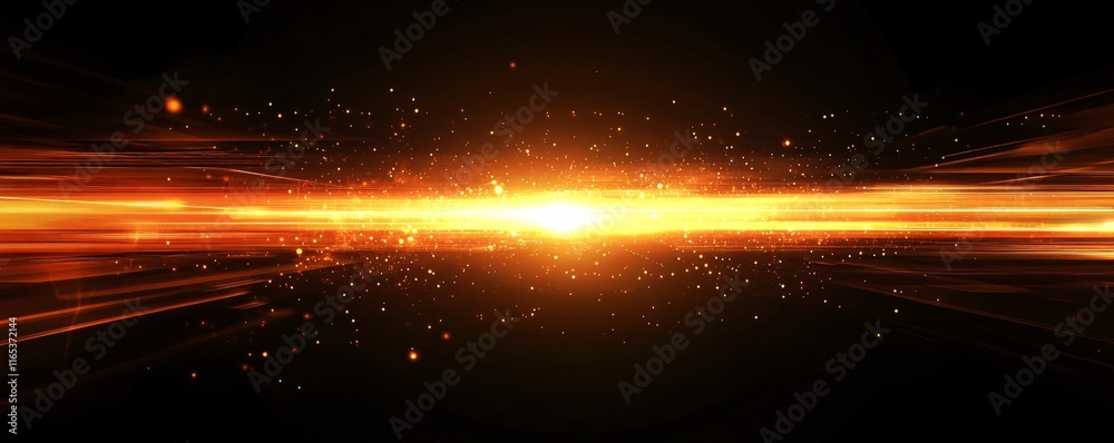 Aufkleber Golden light beam exploding on black background with glowing particles