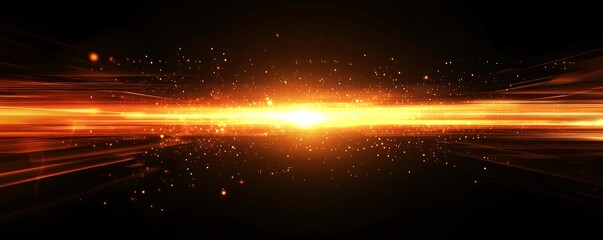 Obraz premium Golden light beam exploding on black background with glowing particles