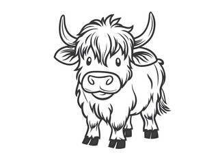A Highland cow with shaggy hair and horns on a white background