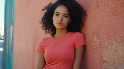 Fototapeta premium Young Woman Leaning on Pink Wall