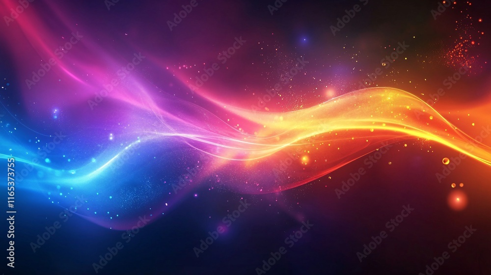 Poster abstract colorful waves flowing with glowing particles