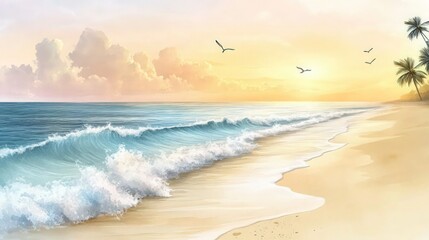 Fototapeta premium A serene twilight beach scene with gentle watercolor waves rolling onto the shore. The sandy beach is painted in light beige and soft brown, contrasting with the cool blues of the ocean. 