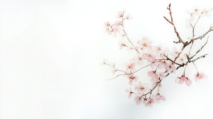 A serene watercolor composition of cherry blossom branches with delicate pink flowers and subtle brown branches, painted against a pristine white background.