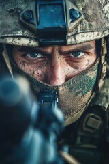Fototapeta premium Person with Helmet and Gun Close Up