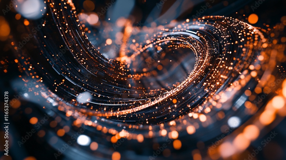 Poster golden particles swirling around black fiber optic cable creating bokeh effect