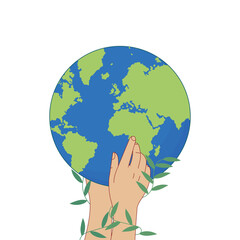 Illustration of human hand lifting planet earth with plant decoration. Design concept for earth day.