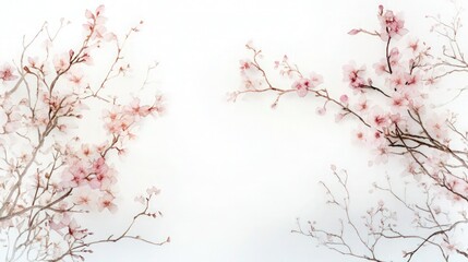 A serene watercolor composition of cherry blossom branches with delicate pink flowers and subtle brown branches, painted against a pristine white background. 