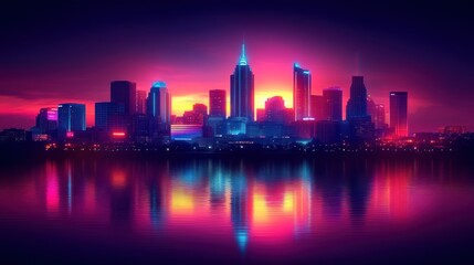 Fototapeta premium Neon cityscape reflected in calm water at sunset.